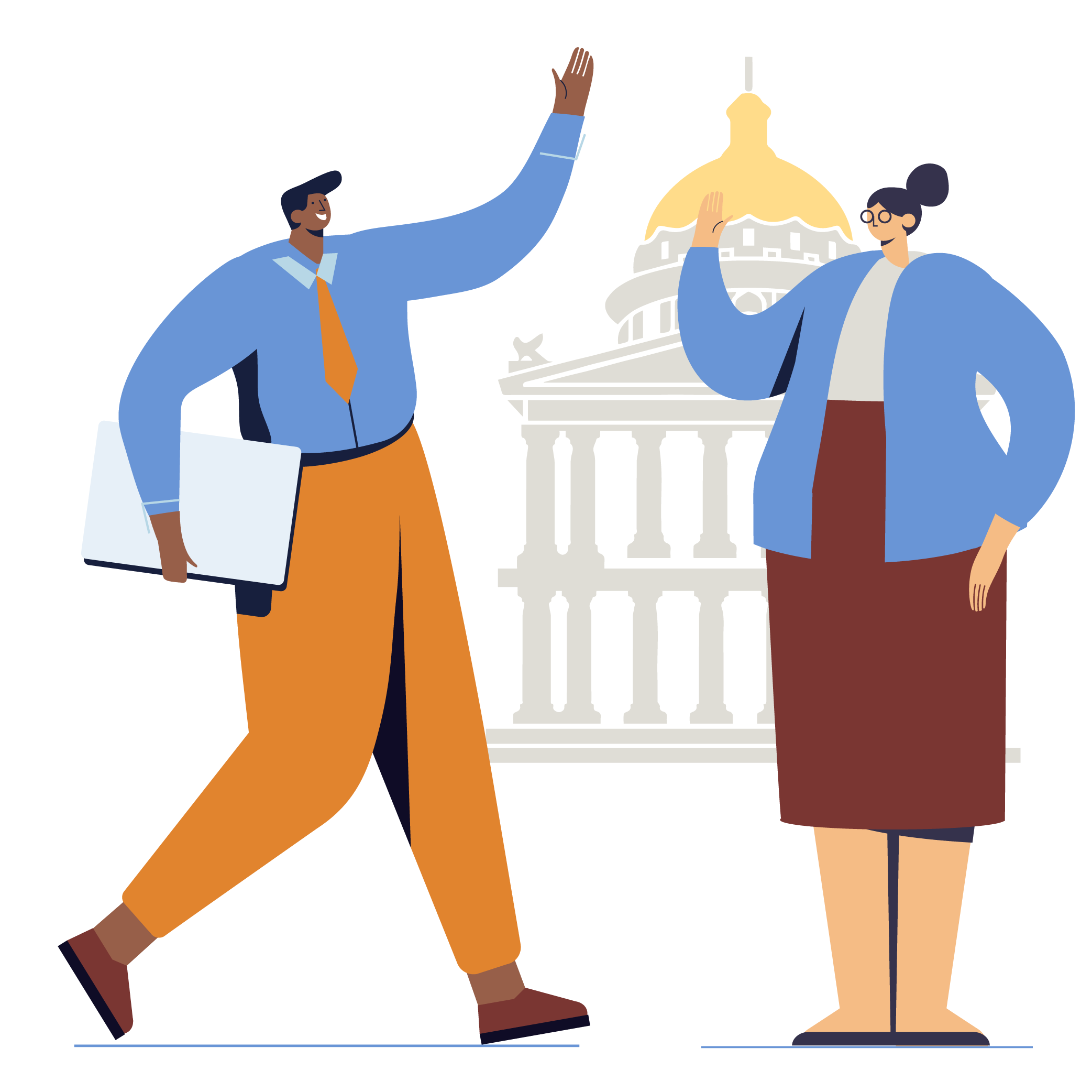 Illustration man wearing tie holding documents and woman wearing glasses standing in front of capital building