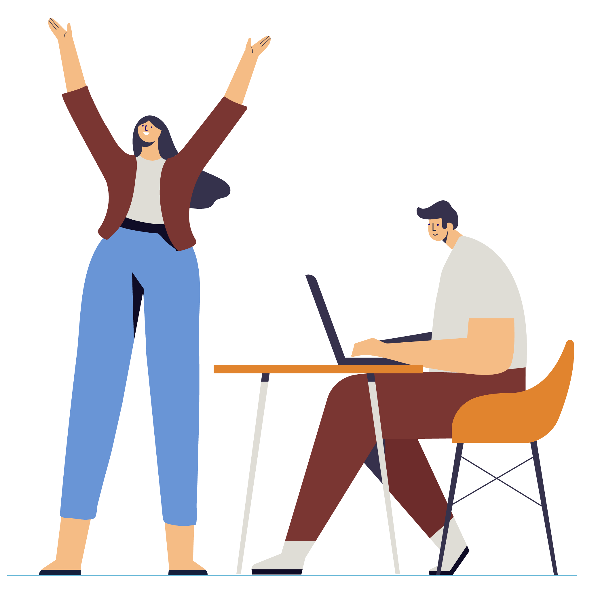 Illustration of woman standing arms up and man sitting with laptop